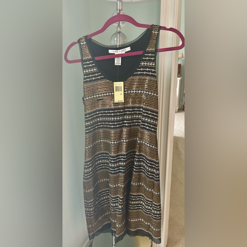 Max Studio Black and Gold Striped Midi Dress